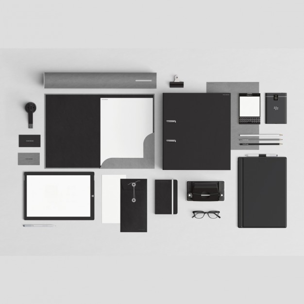 Black corporative stationery with office elements  PSD file |  Download