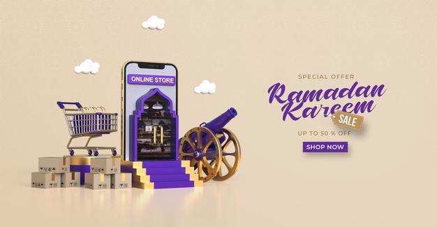 PSD | Ramadan kareem sale banner template with 3d online shopping on mobile applications