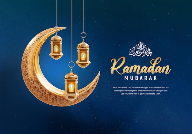 PSD | 3d ramadan kareem social banner template with crescent and islamic lanterns
