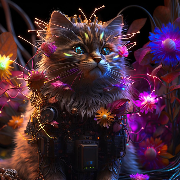 Photo | A cyber cat with giant electro flowers at sunrise generative ai