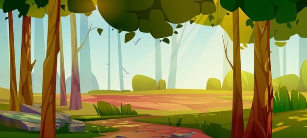 Vector | Cartoon forest background, nature landscape with deciduous trees, moss on rocks, grass, bushes and sunlight spots on ground. scenery summer or spring wood parallax natural scene, vector illustration