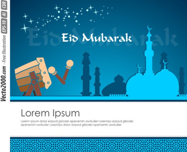 Cool Blue Greeting Card Template for Eid Mubarak  Vector |  Download