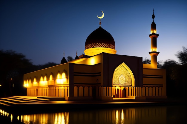 Photo | A lit up mosque with a crescent moon on the top.