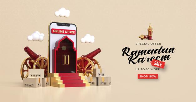 PSD | Ramadan kareem sale banner template with 3d online shopping on mobile applications