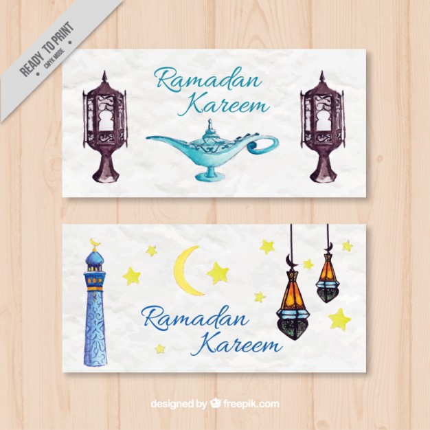 Watercolor arabic onbjects ramadan banners  Vector |  Download