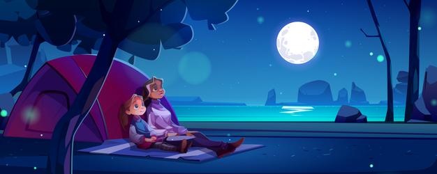 Vector | Summer camp with woman and girl sitting on blanket at night. vector cartoon landscape with river, trees, rocks and campsite with tent and mother with child watching on sky with moon and stars