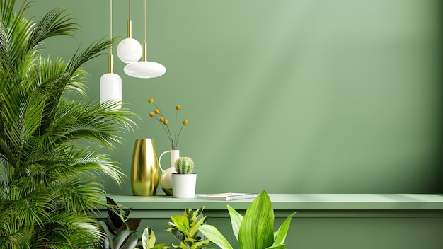 Photo | Green wall mockup with green plant and shelf3d rendering