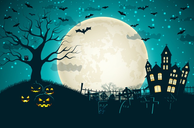 Vector | Halloween night moon composition with glowing pumpkins vintage castle and bats flying over cemetery flat