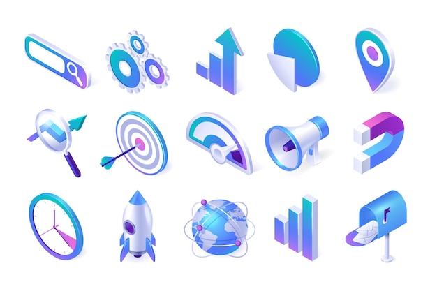 Vector | Isometric seo and marketing icons. browser window, gears, arrow and pie charts, map pin, magnifier and target with loudspeaker. magnet, clock, startup rocket, earth globe and mail box 3d vector set