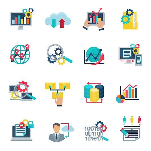 Vector | Big data analytics technology flat icons set with internet cloud